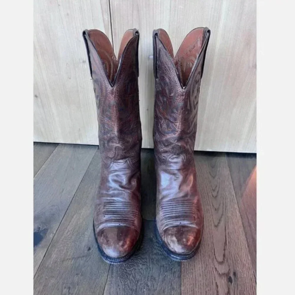 Lucchese Classic Men's Handmade Cowboy Boots Size 11 Brown Leather Flame Stitch - Picture 2 of 7